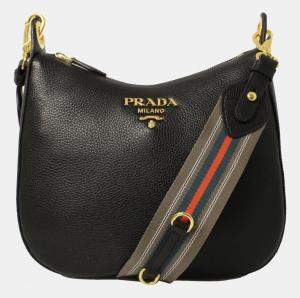 Prada Black Leather Vitello Phenix Web Stripe Strap Crossbody Bag