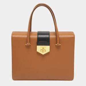Prada Tan/Black Saffiano Lux Leather Turnlock Box Tote