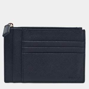 Prada Blue Saffiano Leather Zip Card Holder