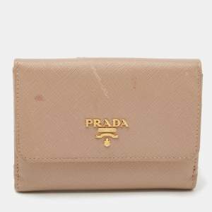 Prada Beige Saffiano Lux Leather Compact Wallet