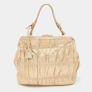 Pre Owned Prada Metallic Gold Leather Gaufre Frame Bag