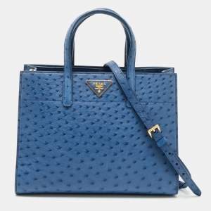 Pre Owned Prada Blue Ostrich Double Handle Tote
