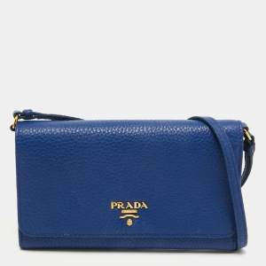 Pre Owned Prada Blue Vitello Grain Leather Wallet On Strap