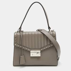 Prada Grey Glace Leather Studded Sound Top Handle Bag