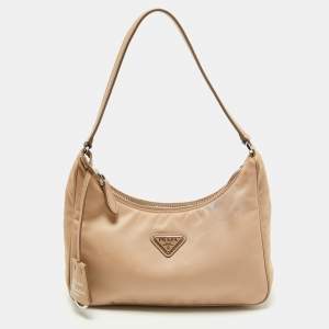 Prada Beige Nylon and Saffiano Leather Mini Re-Edition Bag