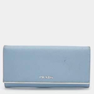 Prada Light Blue Saffiano Leather Metal Bar Flap Continental Wallet