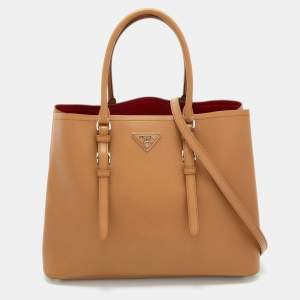 Prada Light Brown Saffiano Leather Cuir Covered Strap Double Tote