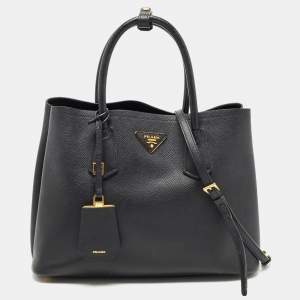Pre Owned Prada Black Saffiano Cuir Leather Medium Double Handle Tote