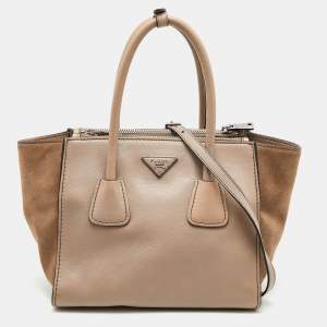 Prada Beige Glace Leather and Suede Twin Pocket Double Handle Tote 