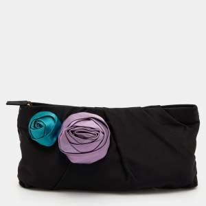 Prada Black Pleated Rosa Satin Petal Clutch