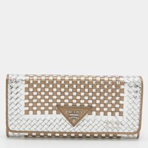 Prada Metallic Brown/Silver Woven Leather Flap Continental Wallet