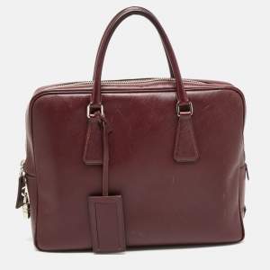 Prada Burgundy Saffiano Lux Leather Zip Briefcase 