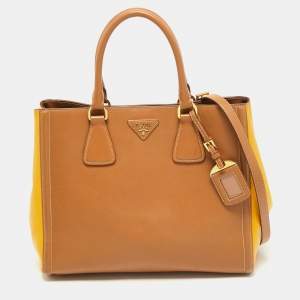 Prada Brown/Yellow Saffiano Leather Double Handle Open Tote