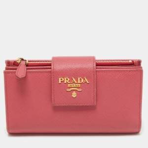 Prada Pink Saffiano Metal Leather Logo Flap Wallet