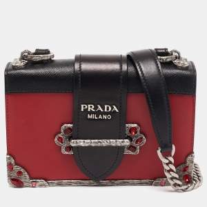 Prada Red/Black Leather Crystal Embellished Cahier Shoulder Bag