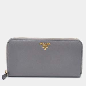 Prada Grey Daino Leather Zip Around Wallet