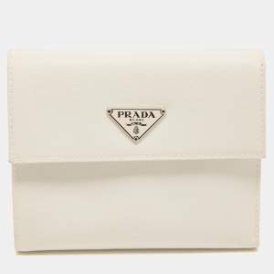 Prada White Nylon Logo Flap Compact Wallet