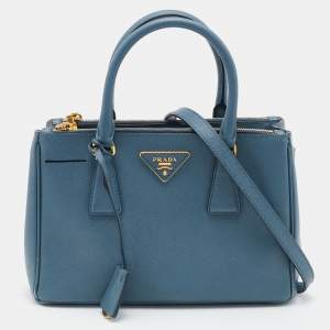 Prada Blue Saffiano Lux Leather Small Double Zip Tote