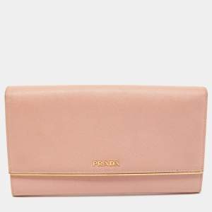 Pre Owned Prada Pink Saffiano Lux Leather Metal Bar Flap Continental Wallet