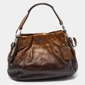 Pre Owned Prada Two Tone Brown Ombre Laminated Leather Hobo