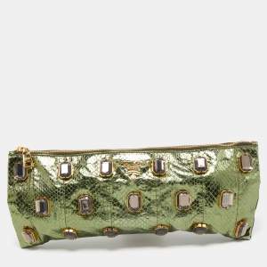Prada Metallic Green Snake Skin Crystal Embellished Clutch