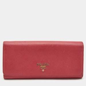 Prada Dark Pink Saffiano Metal Leather Logo Flap Continental Wallet