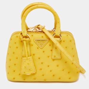 Pre Owned Prada Yellow Ostrich Leather Mini Promenade Satchel