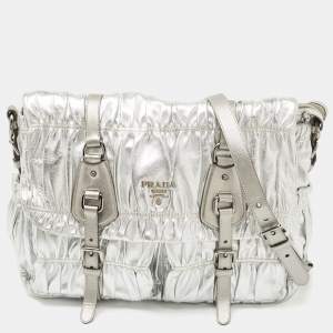 Prada Silver Gaufre Leather Buckle Flap Messenger Bag