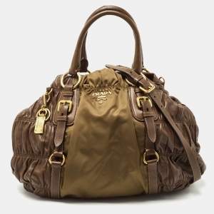 Prada Brown/Olive Green Gaufre Leather and Nylon Tote