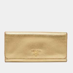 Pre Owned Prada Gold Saffiano Lux Leather Logo Flap Continental Wallet