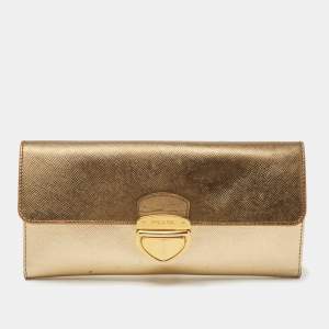 Prada Gold Saffiano Leather Pushlock Flap Wallet