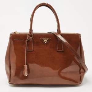 Pre Owned Prada Brown Marble Effect Patent Leather Medium Double Zip Tote
