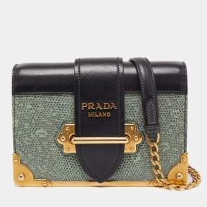Prada Black/Green Leather and Lizard Cahier Shoulder Bag