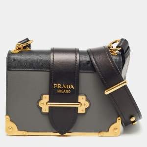 Prada Black/Grey Saffiano Leather Cahier Flap Shoulder Bag