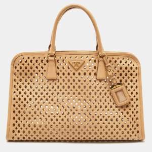 Prada Beige Saffiano Lux Leather Perforated Satchel