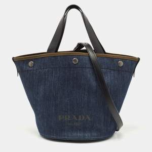 Pre Owned Prada Blue/Black Denim and Leather Shopper Tote