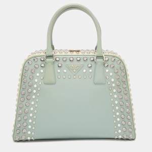 Pre Owned Prada Green/Beige Saffiano Patent Leather Studded Pyramid Frame Satchel