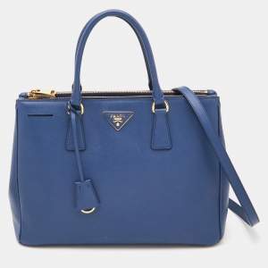 Pre Owned Prada Blue Saffiano Lux Leather Medium Galleria Double Zip Tote