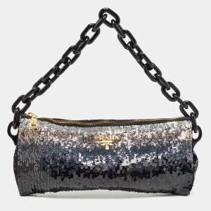 Prada Black Ombre Sequins Logo Chain Clutch
