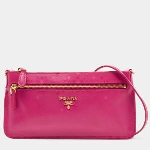 Prada Pink Saffiano Leather Top Zip Clutch Bag