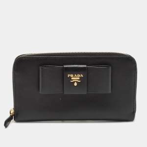 Prada Black Saffiano Metal Leather Bow Zip Around Wallet