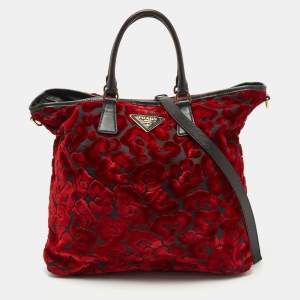 Pre Owned Prada Red/Black Velvet And Nylon Floral Tote