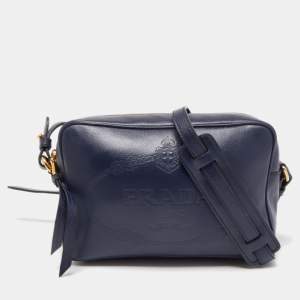 Prada Navy Blue Logo Embossed Leather Camera Crossbody Bag