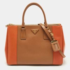 Prada Tan/Orange Saffiano Lux Leather Medium Double Zip Tote