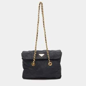 Prada Black Quilted Nylon and Leather Logo Flap Chain Bag