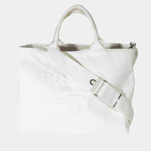 Prada White Canvas Medium Embossed Drill Tote Bag 