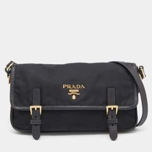 Prada Black Nylon and Leather Flap Crossbody Bag 