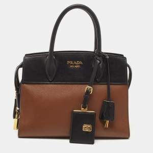 Prada Black/Brown Saffiano and City Calf Leather Small Esplanade Bag