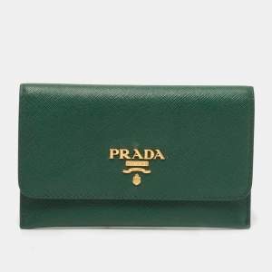 Prada Green Saffiano Leather Logo Flap Card Case
