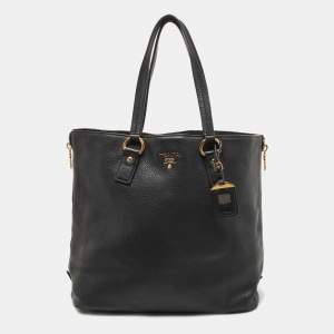 Pre Owned Prada Black Vitello Daino Leather Side Zip Shopping Tote